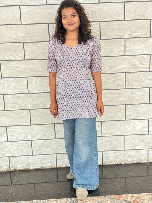 Lavender Bloom Handblock Cotton Kurti