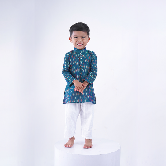 Teal Ikkat Kurta Set for Boys