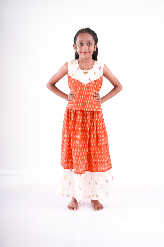 Orange Ikkat Frock with Ivory Lehenga for Girls