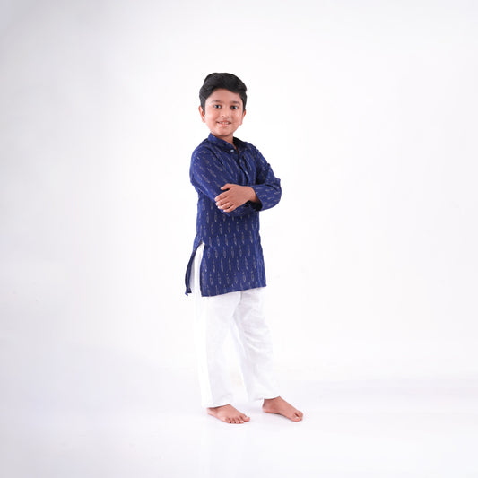 Navy Blue Ikkat Kurta Set for Boys