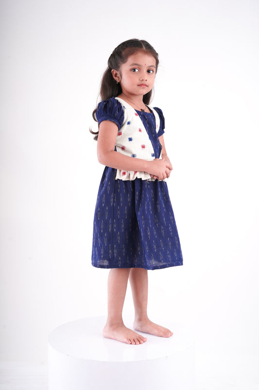 Navy Blue and Ivory Ikkat Frock  for Girls