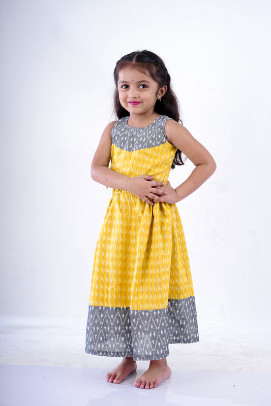 Yellow Ikkat Sleeveless Frock for Girls